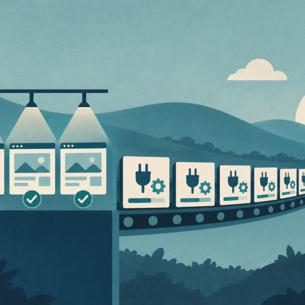 Conceptual illustration of three website tiles being reviewed before a queue of plugin updates.