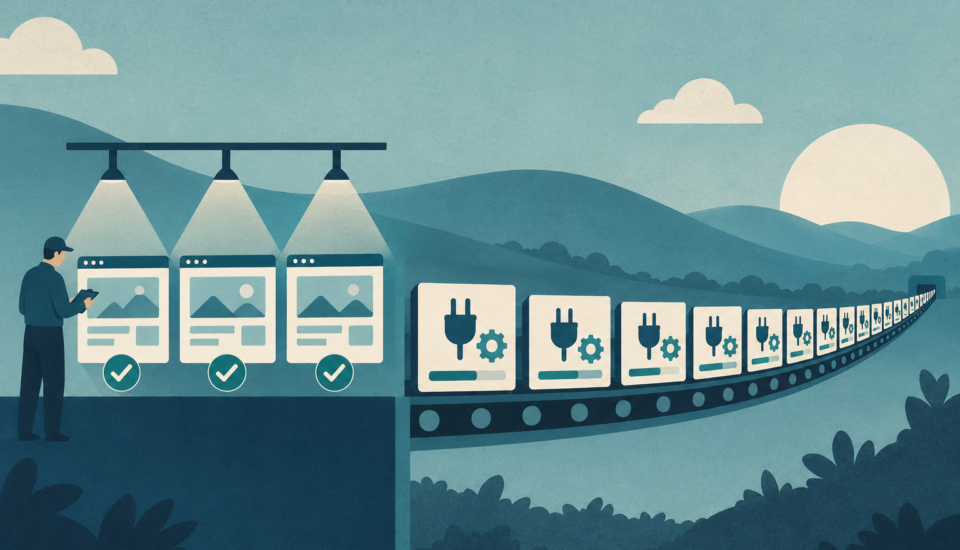 Conceptual illustration of three website tiles being reviewed before a queue of plugin updates.