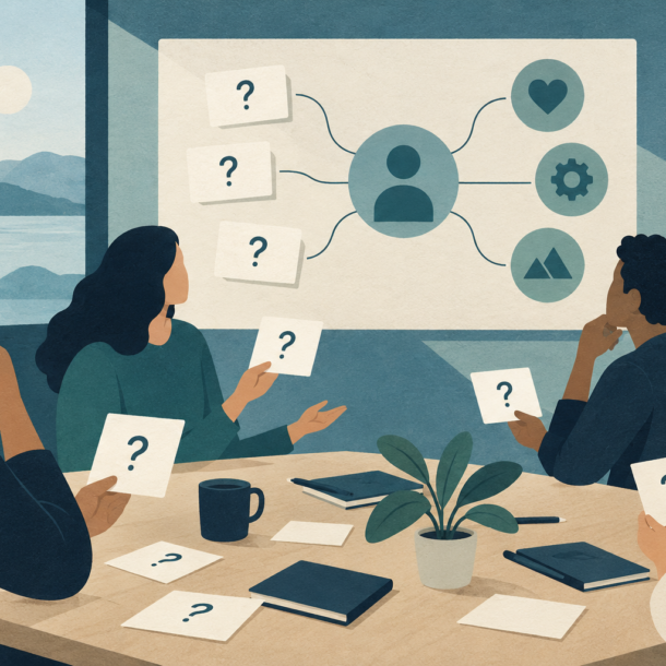 Conceptual illustration of a discovery meeting with question cards connected to a user and needs icons.