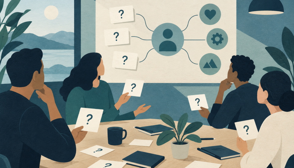 Conceptual illustration of a discovery meeting with question cards connected to a user and needs icons.
