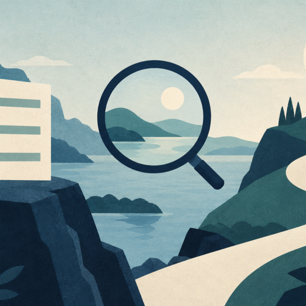 Conceptual illustration of a checklist, magnifying glass and signpost representing completed work, observations and next decisions.