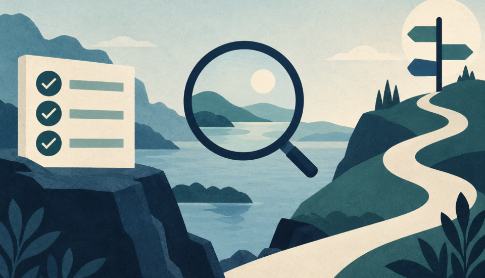 Conceptual illustration of a checklist, magnifying glass and signpost representing completed work, observations and next decisions.