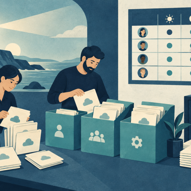 Conceptual illustration of an agency organizing cloud folders into service packages beside a staff rota and archive.