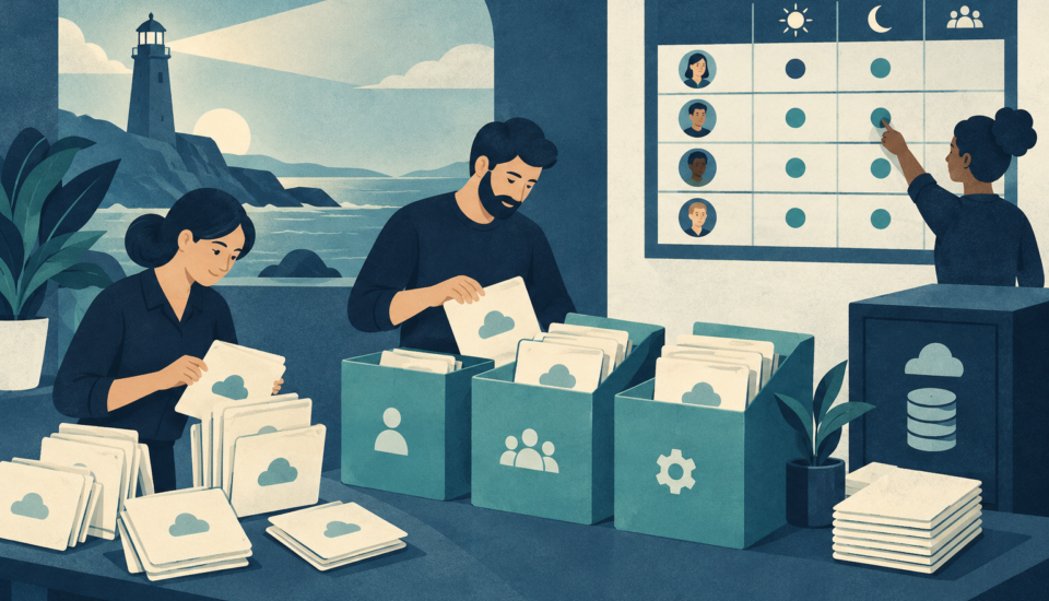Conceptual illustration of an agency organizing cloud folders into service packages beside a staff rota and archive.