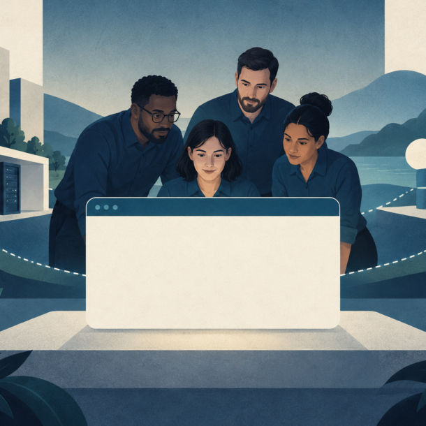 Conceptual illustration of an agency team behind a blank client portal, with server and cloud storage infrastructure.