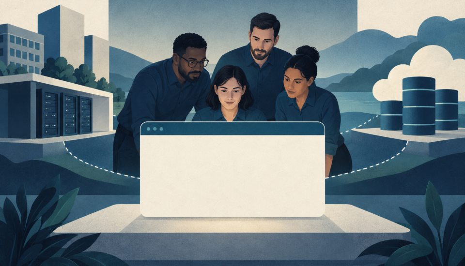 Conceptual illustration of an agency team behind a blank client portal, with server and cloud storage infrastructure.