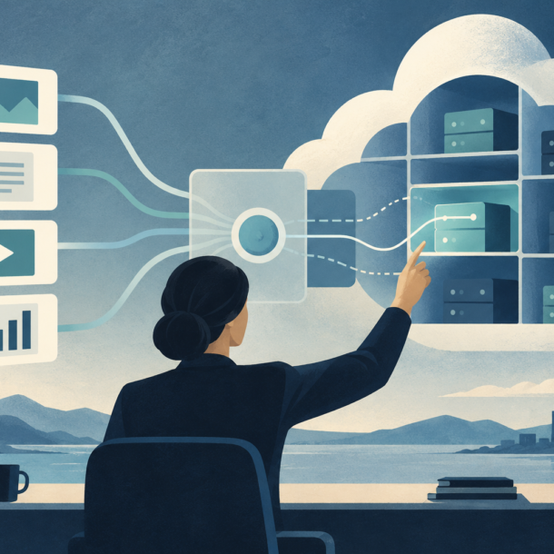 Conceptual illustration of an agency selecting cloud capacity compartments for several client applications through an abstract management layer.