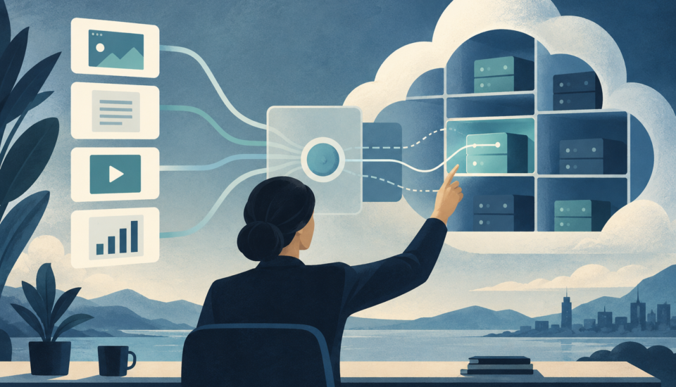 Conceptual illustration of an agency selecting cloud capacity compartments for several client applications through an abstract management layer.