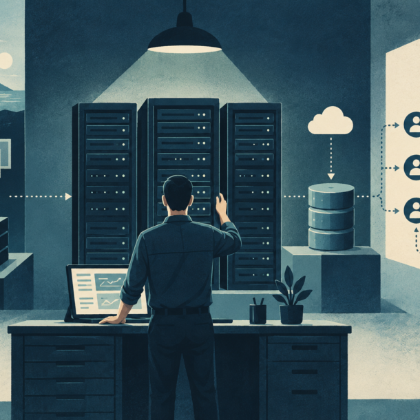 Conceptual illustration of a technician with server racks, backup symbols and client access keys.
