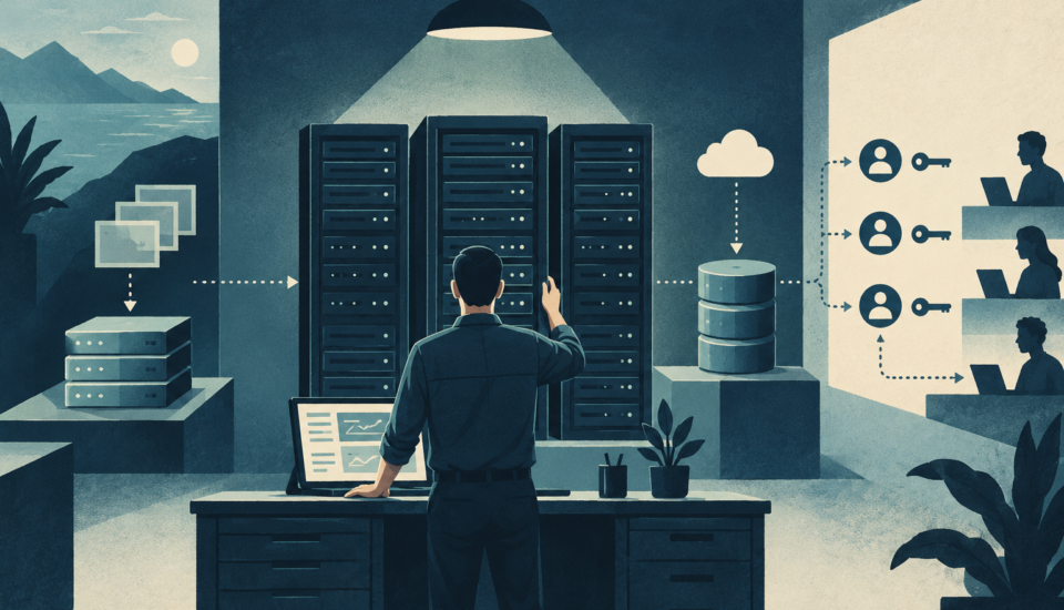 Conceptual illustration of a technician with server racks, backup symbols and client access keys.