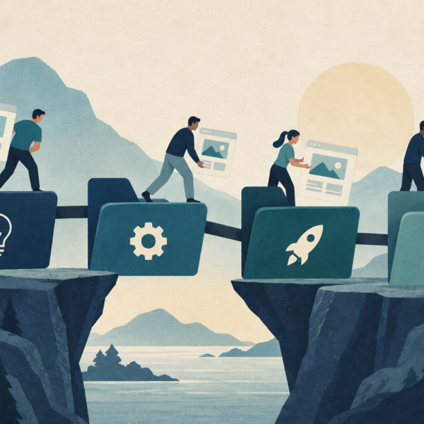 Conceptual illustration of a design team moving website mockups through staging, launch and client handoff folders.