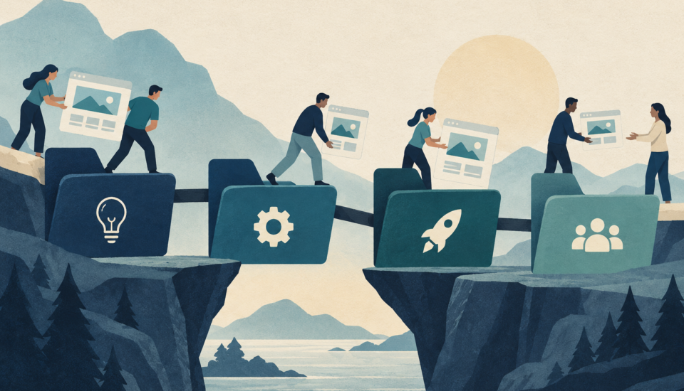 Conceptual illustration of a design team moving website mockups through staging, launch and client handoff folders.