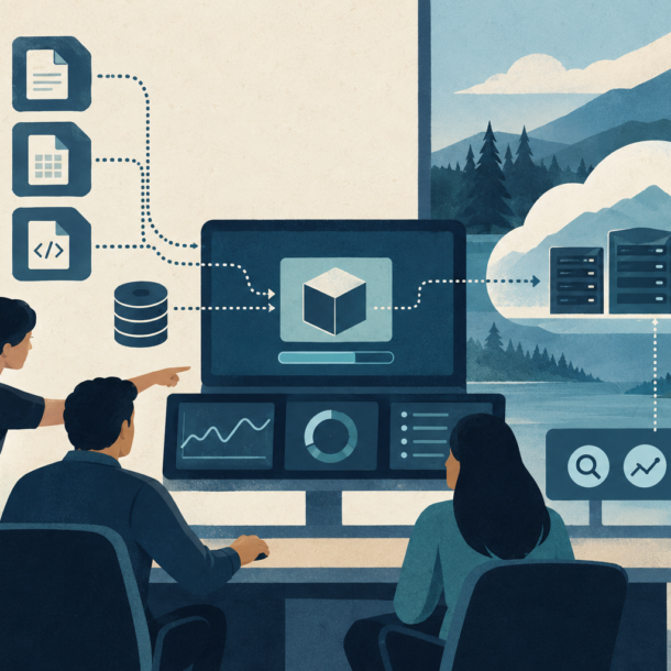 Conceptual illustration of a deployment workstation connecting files and databases to cloud servers, with abstract monitoring icons.