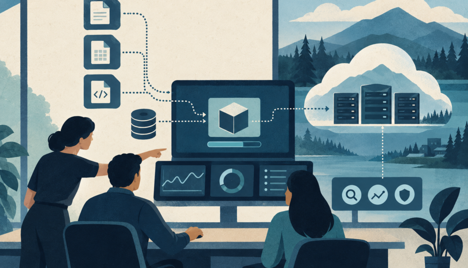 Conceptual illustration of a deployment workstation connecting files and databases to cloud servers, with abstract monitoring icons.