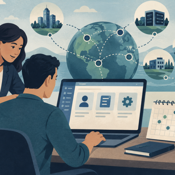 Conceptual illustration of a client portal linked to edge-network nodes and a billing calendar, with agency support person.