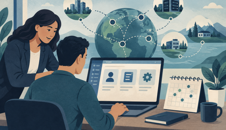 Conceptual illustration of a client portal linked to edge-network nodes and a billing calendar, with agency support person.
