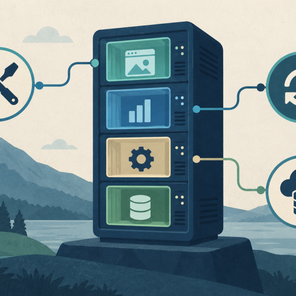 Conceptual illustration of application panels in a server cabinet connected to maintenance, update and backup symbols.