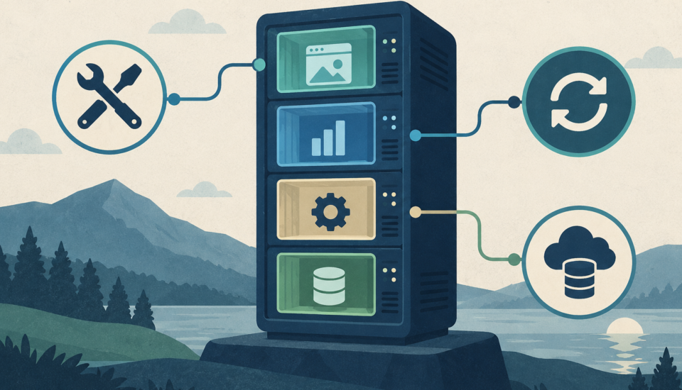 Conceptual illustration of application panels in a server cabinet connected to maintenance, update and backup symbols.