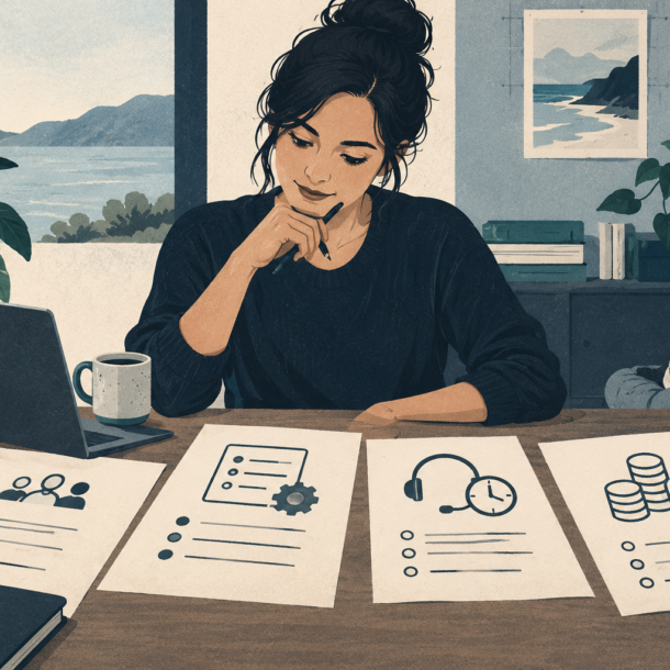 Conceptual illustration of an agency founder planning client onboarding, service scope, support hours and operating costs on a desk; no income projections.
