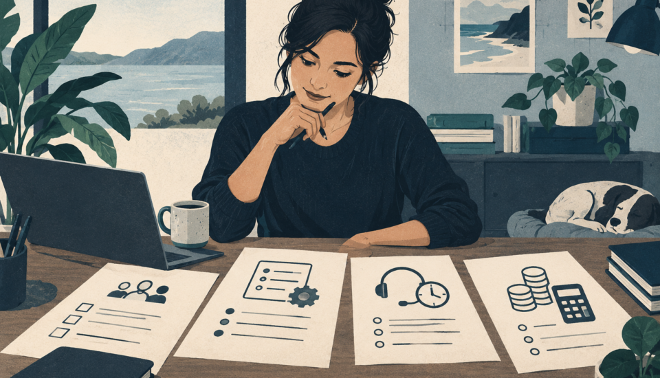 Conceptual illustration of an agency founder planning client onboarding, service scope, support hours and operating costs on a desk; no income projections.
