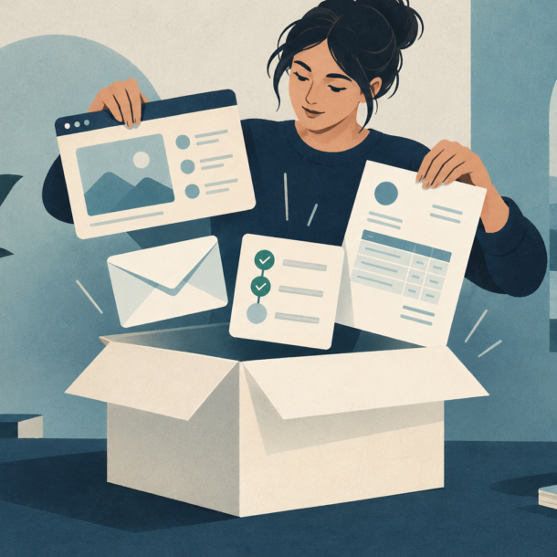 Conceptual illustration of a designer assembling a blank client portal, status page, email envelope and invoice template into a coherent unbranded service package.