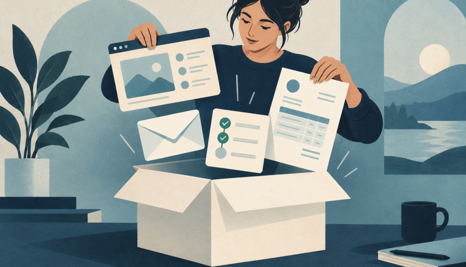 Conceptual illustration of a designer assembling a blank client portal, status page, email envelope and invoice template into a coherent unbranded service package.