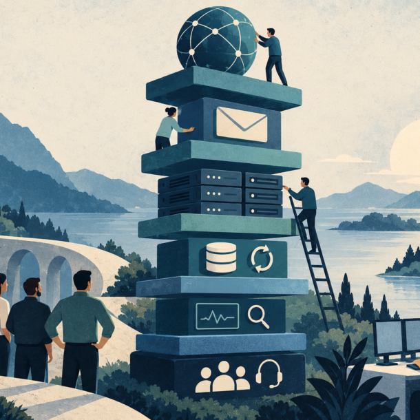 Conceptual illustration of a layered agency operations stack combining domain routing, email, servers, backups, monitoring and client support.