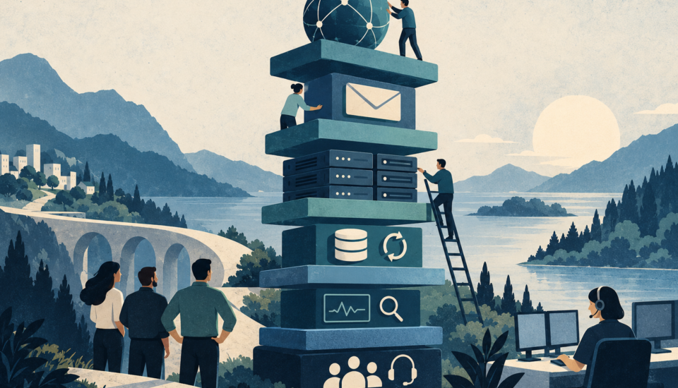 Conceptual illustration of a layered agency operations stack combining domain routing, email, servers, backups, monitoring and client support.