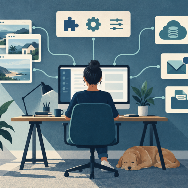 Conceptual illustration of a central agency workspace connecting client sites, plugin tools, backups, email and invoice folders.
