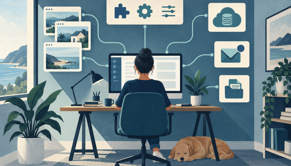 Conceptual illustration of a central agency workspace connecting client sites, plugin tools, backups, email and invoice folders.