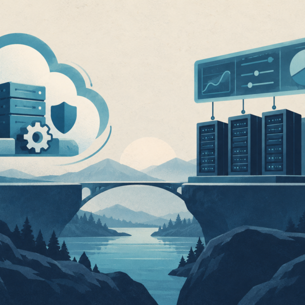 Conceptual illustration comparing a cloud service bundle and a separate server-management workspace; no measured results.