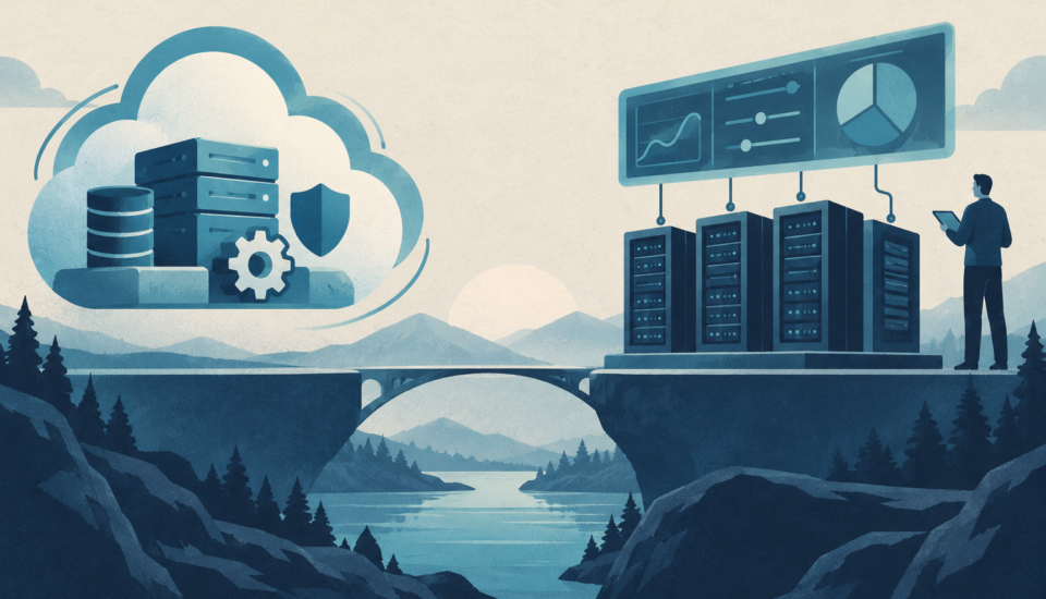 Conceptual illustration comparing a cloud service bundle and a separate server-management workspace; no measured results.