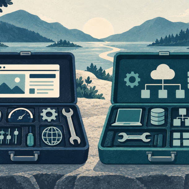 Conceptual illustration of a specialist website operations toolkit beside a broader application management toolkit, equally weighted.