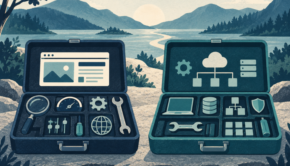 Conceptual illustration of a specialist website operations toolkit beside a broader application management toolkit, equally weighted.