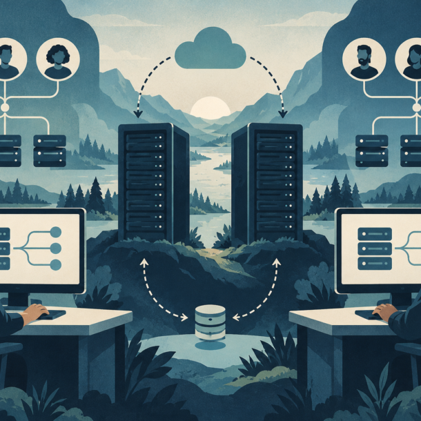 Conceptual illustration of two neutral server-management workspaces with deployment branches, team roles and backup paths.