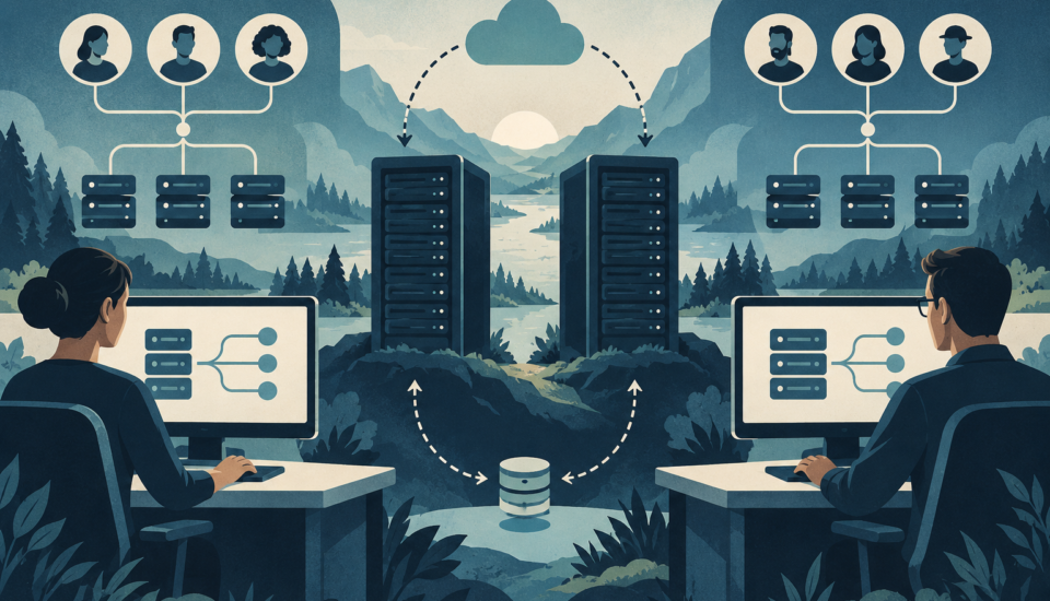 Conceptual illustration of two neutral server-management workspaces with deployment branches, team roles and backup paths.