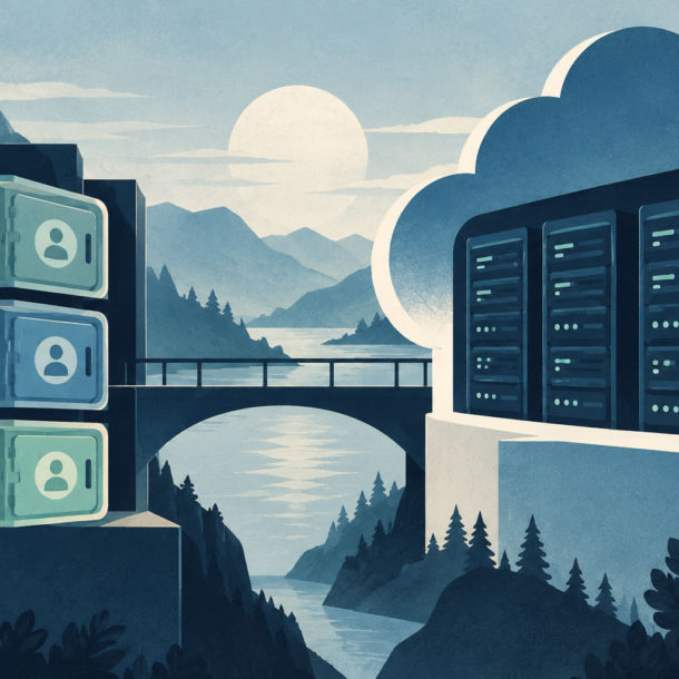Conceptual illustration of separate client workspaces beside cloud servers with adjustment controls.