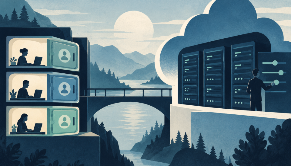Conceptual illustration of separate client workspaces beside cloud servers with adjustment controls.