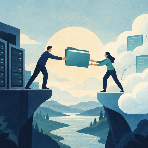 Conceptual illustration of standardized website environments beside flexible cloud application capacity, with a client handoff folder between them.