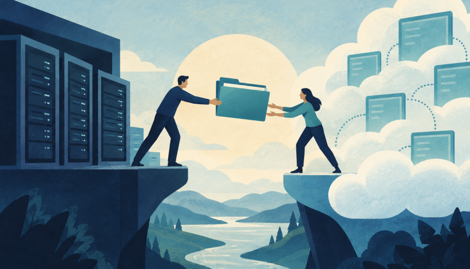 Conceptual illustration of standardized website environments beside flexible cloud application capacity, with a client handoff folder between them.