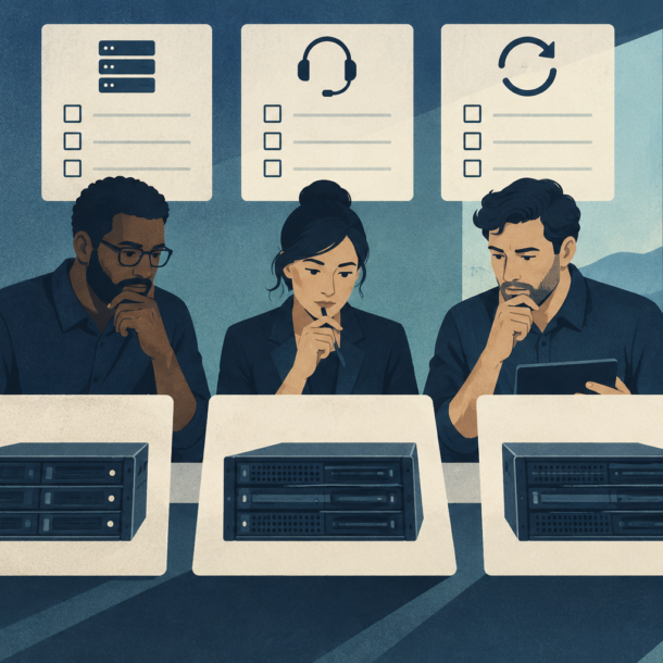 Conceptual illustration of a team considering server options using workload, support and recovery checklists.