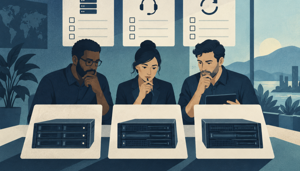 Conceptual illustration of a team considering server options using workload, support and recovery checklists.