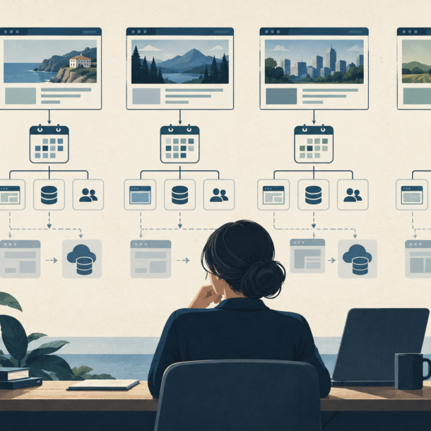 Conceptual illustration of a coordinator reviewing multiple website cards, calendars, databases and access icons.