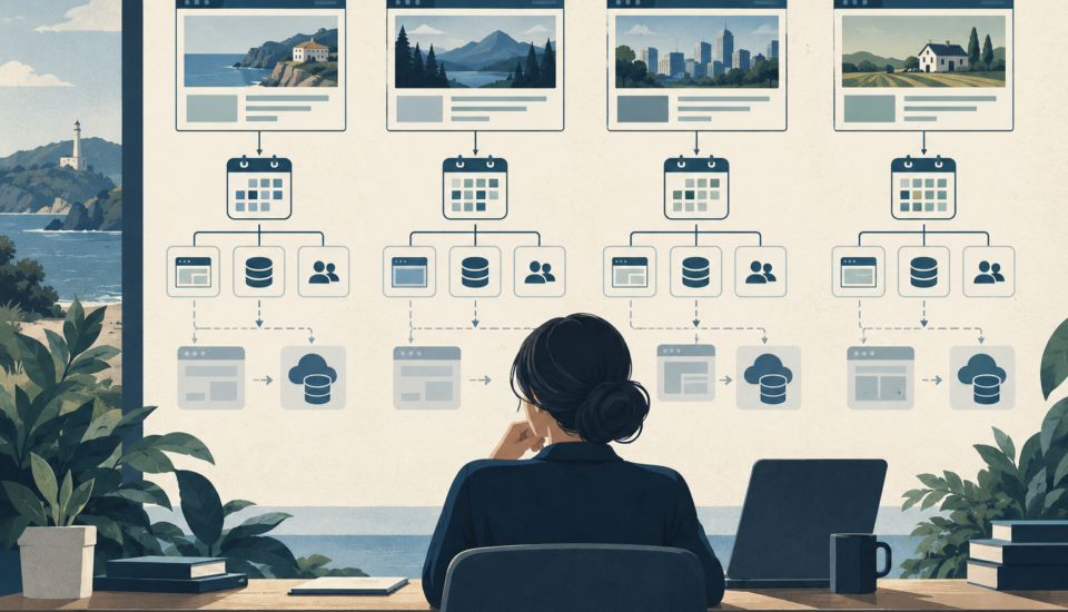 Conceptual illustration of a coordinator reviewing multiple website cards, calendars, databases and access icons.