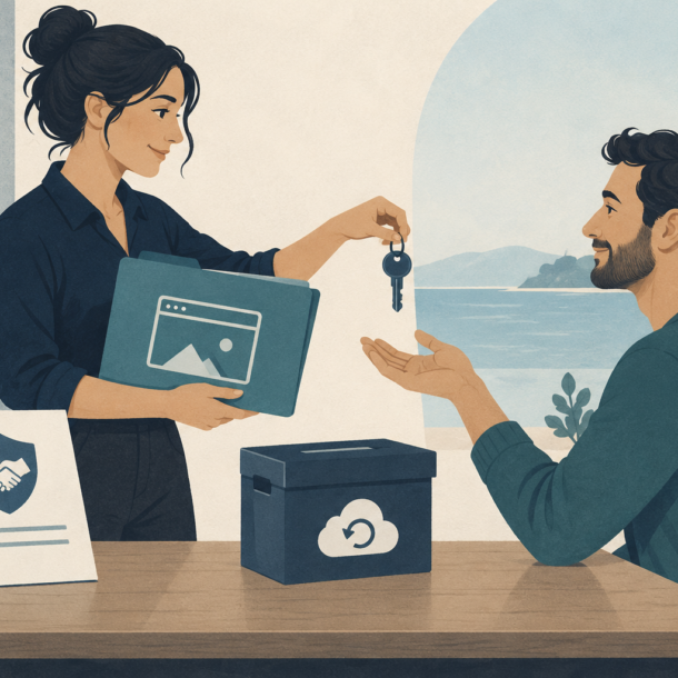 Conceptual illustration of a freelancer handing a key and website folder to a client beside an agreement and recovery box.