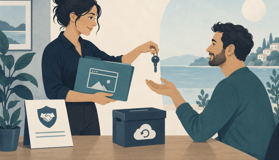 Conceptual illustration of a freelancer handing a key and website folder to a client beside an agreement and recovery box.