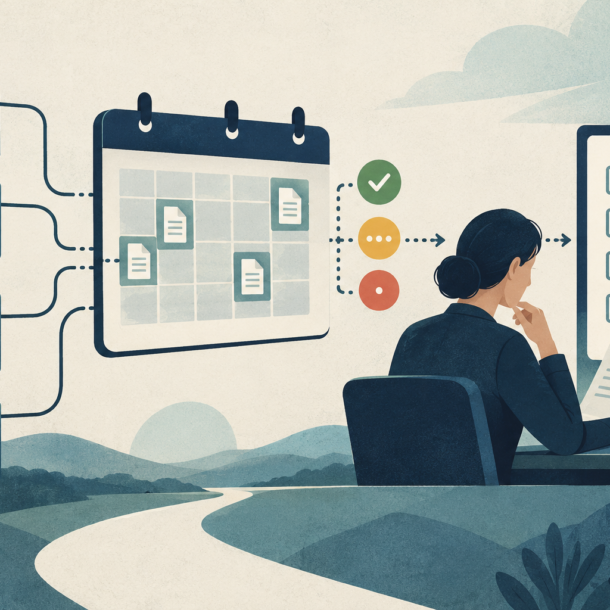 Conceptual illustration of client folders connected to a calendar, status markers and a reviewed checklist.