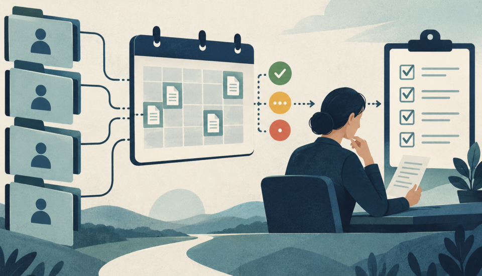 Conceptual illustration of client folders connected to a calendar, status markers and a reviewed checklist.