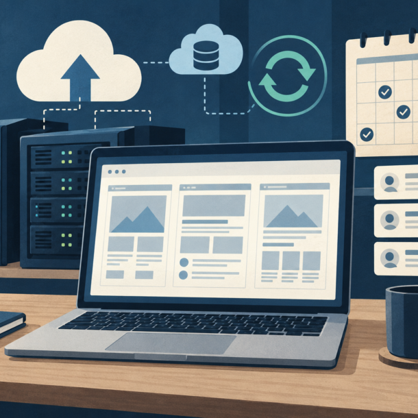 Conceptual illustration of client website cards, hosting servers, backup symbols and a recurring service calendar.