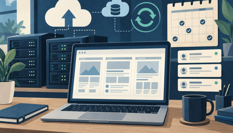 Conceptual illustration of client website cards, hosting servers, backup symbols and a recurring service calendar.